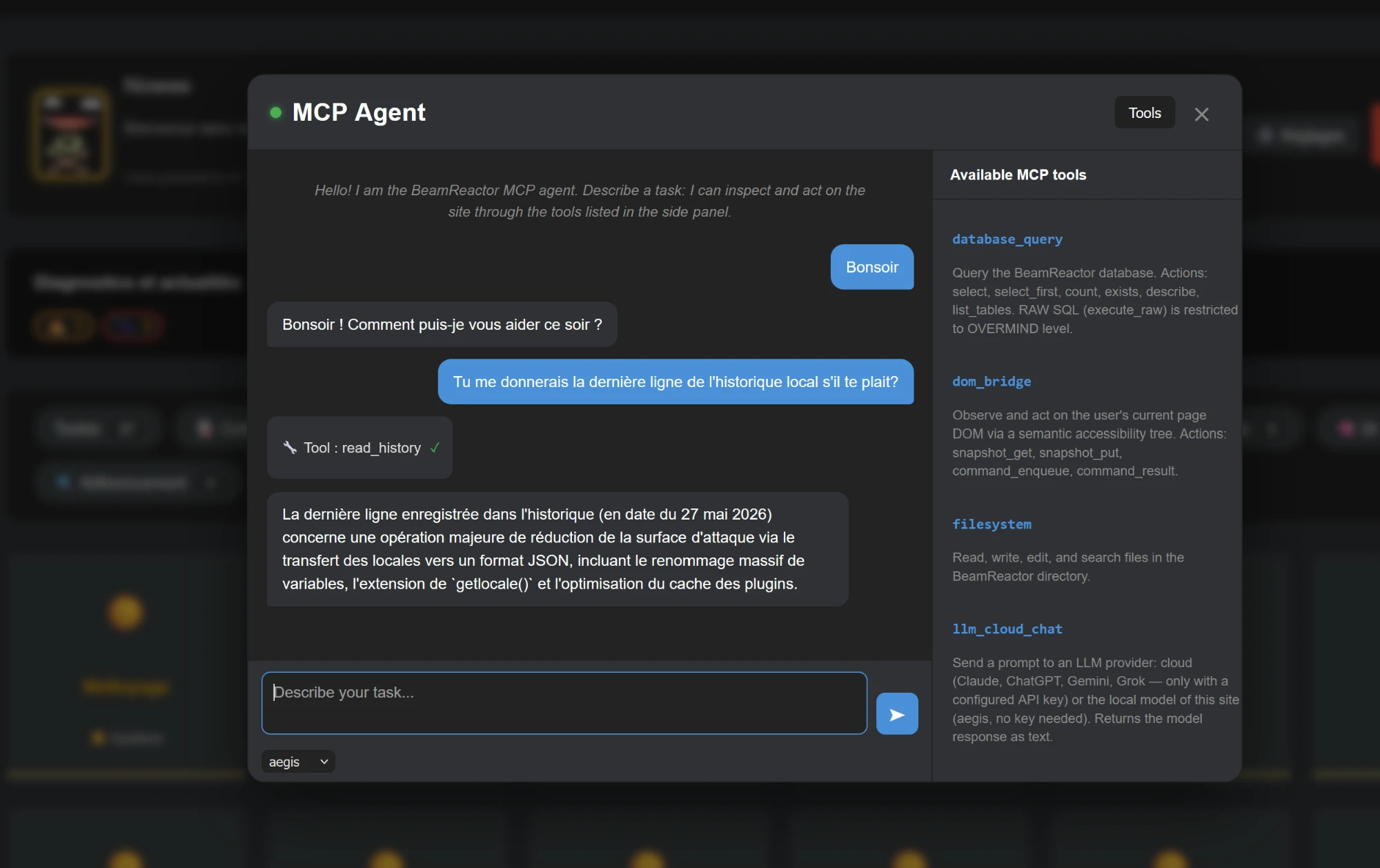 Der MCP-Agent von AEGIS: Gespräch und Liste der verfügbaren Werkzeuge